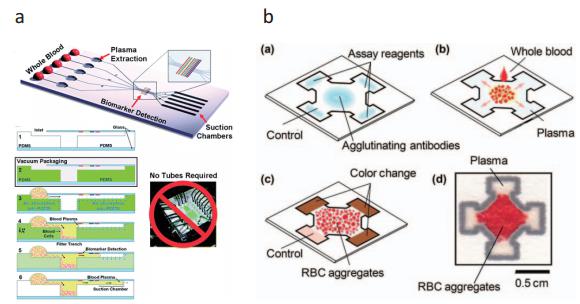 (a) 真空處理的微流控芯片 (b) 紙做的微流控芯片，上述兩種芯片皆能即時分離血球血漿，進行血漿內蛋白質檢測
