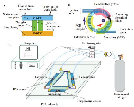 圖5 閉環型 PCR設備: (A) 雷諾-貝納爾對流驅動式閉環 PCR 裝置; (B) 磁流體驅動式閉環 PCR裝置;(C) 壓力驅動式閉環 PCR 裝置 圖5 閉環型 PCR設備: (A) 雷諾-貝納爾對流驅動式閉環 PCR 裝置; (B) 磁流體驅動式閉環 PCR裝置;(C) 壓力驅動式閉環 PCR 裝置