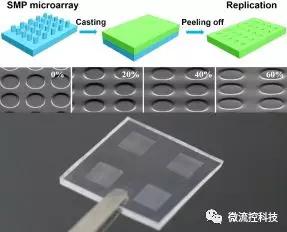 圖2. 采用不同拉伸程度的形狀記憶微柱陣列復制出來的系列連續形變的PDMS微陣列