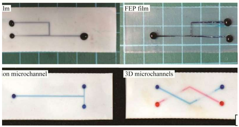 代表性的含氟聚合物微通道，其中充滿含水染料的水。圖片來源：SUTD