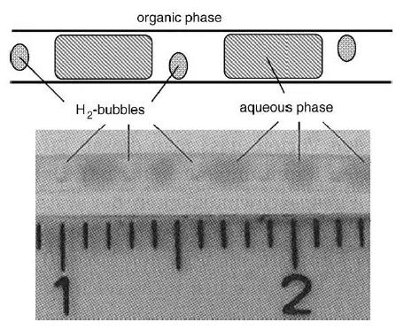 圖12. 三相氣-液-液毛細管微反應器的流體動力學行為（方案和照片）